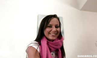 Sensational brunette lady Nataly is gently rubbing man's beef bayonet with her soft feet while he is moaning