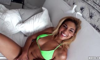 Dazzling teen Valentina keeps her head protected while on a rod ride