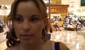 Startling brunette Lindsay chokes on big dick before giving it a ride