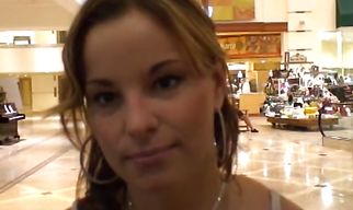 Startling brunette Lindsay chokes on big dick before giving it a ride