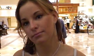 Startling brunette Lindsay chokes on big dick before giving it a ride