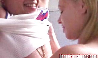 Adorable blonde sweetie Christiana gets on her knees and sucks a pulsating rod