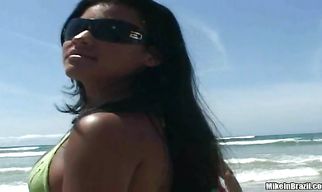 Ambitious brunette minx Janaina rubs her wet box and gives thick pipe a handjob