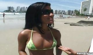 Ambitious brunette minx Janaina rubs her wet box and gives thick pipe a handjob