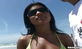 Ambitious brunette minx Janaina rubs her wet box and gives thick pipe a handjob