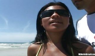 Ambitious brunette minx Janaina rubs her wet box and gives thick pipe a handjob