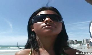 Ambitious brunette minx Janaina rubs her wet box and gives thick pipe a handjob