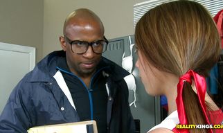 Playful teen beauty Haley Sweet gives an outstanding blowjob and gets doggy styled