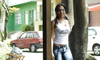 Curvaceous latina girl Juliana Rodriguez with firm natural tits strokes her curvy big cock