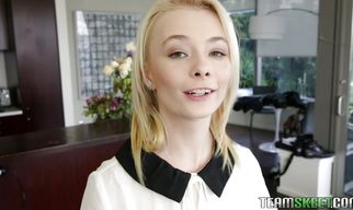 Voluptuous blonde kitty Maddy Rose hungrily blows a large meat bazooka