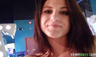 Naughty brunette Aubrey Sky loudly takes a hard packing monster from behind