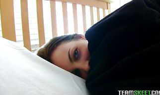 Cute young brunette Krystal Banks strips her clothes and spreads poon tang